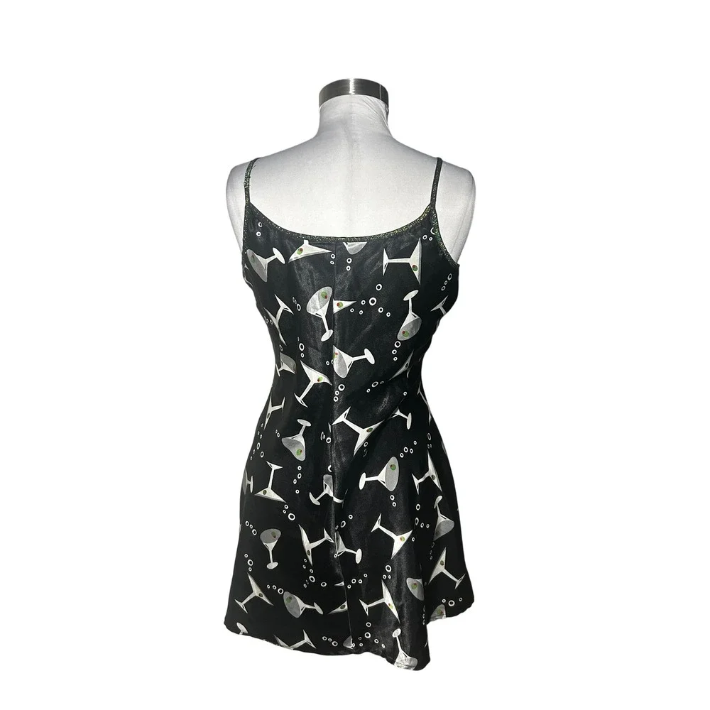 Vintage Martini Print Slip Dress Medium Black Cocktail Glass Glitter Trim